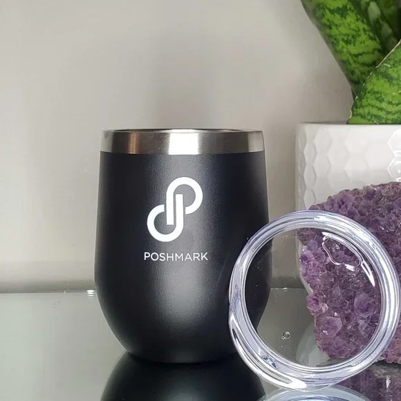 🎉HP 7/26/22🎉 Poshmark 12oz Wine Tumbler Hot/Cold Black w/White Lettering NWOT - Picture 2 of 5